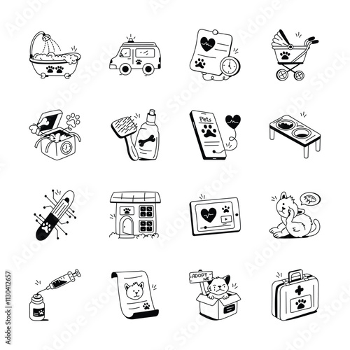 A set of simple, hand drawn icons depicting various aspects of pet care
