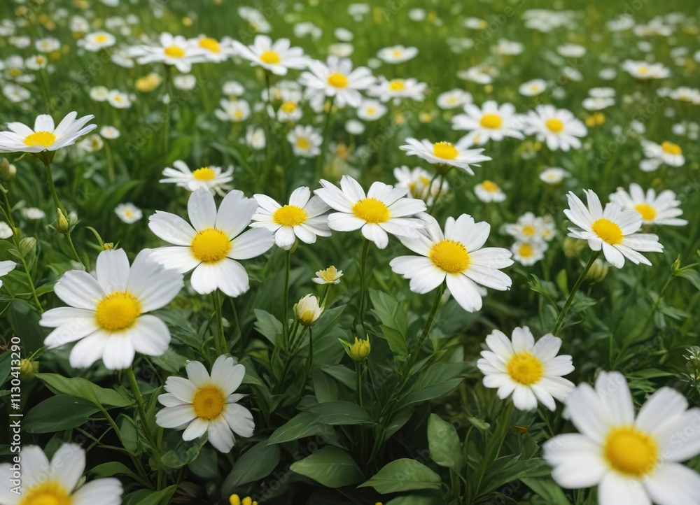 Fototapeta premium White flowers with bright yellow centers in a lush green field, blossoms, petals, yellow
