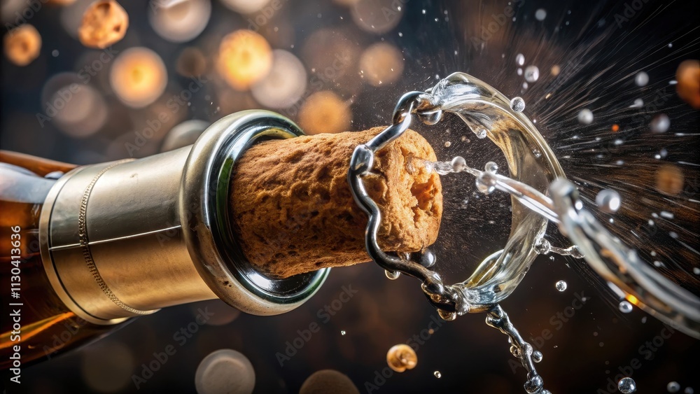 Fototapeta premium Close-up of a champagne cork being pulled out, cork removal