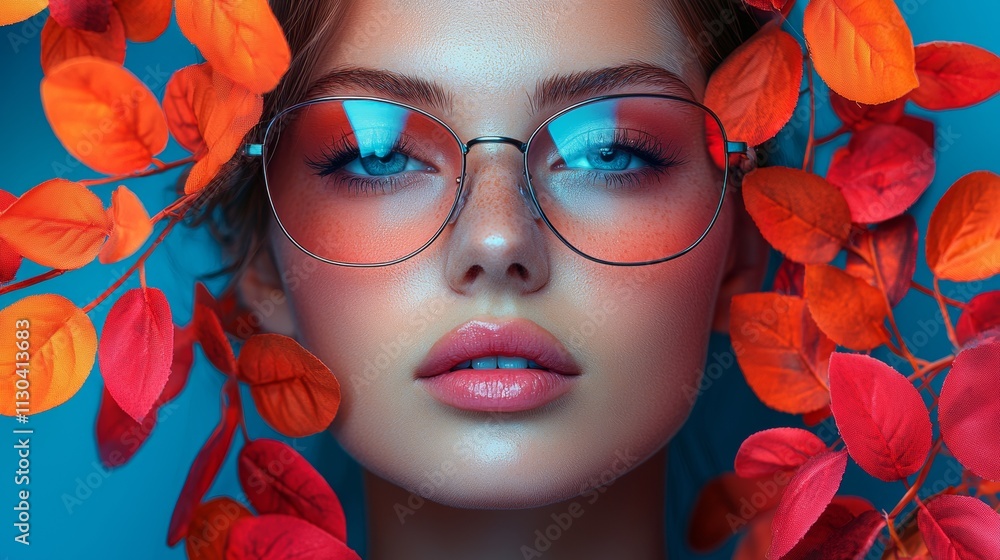 Fototapeta premium Stylish portrait of a woman with orange glasses and floral frame