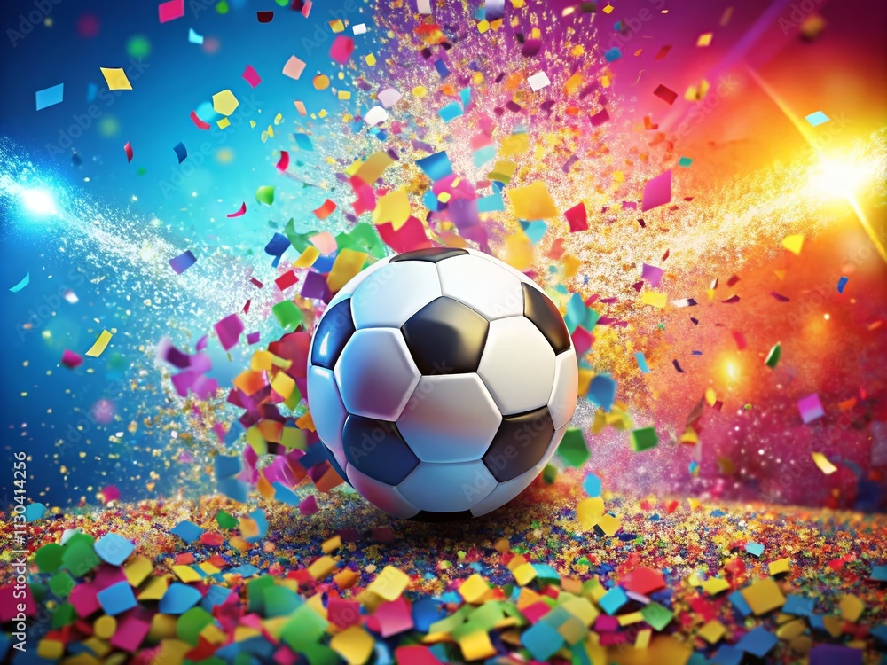 Fototapeta premium Soccer Ball in Flight Amidst a Colorful Confetti Explosion Celebrating Sports Excitement and Joyful Moments in a Festive Atmosphere Perfect for Event Promotion