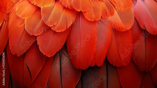 A vibrant feather from a scarlet ibis, showing pure red tones with a glossy texture