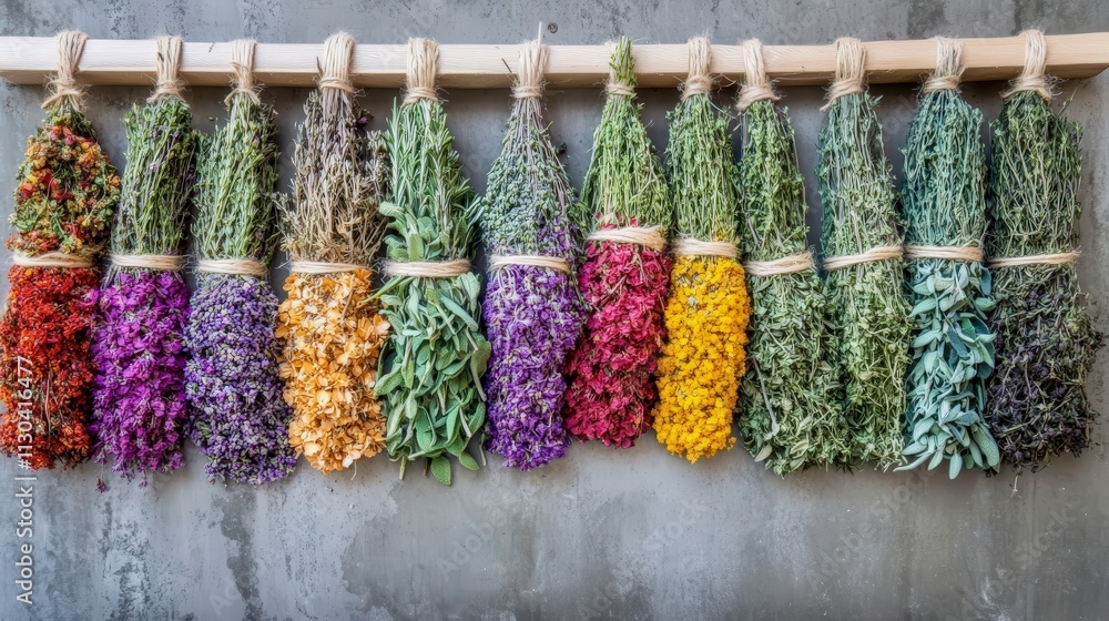 Fototapeta premium A vibrant mix of dried herbs including rosemary, chamomile, and mint, tied together with natural string