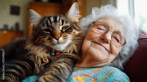 A therapy cat sitting on the shoulder of an elderly woman in a rocking chair, purring softly photo