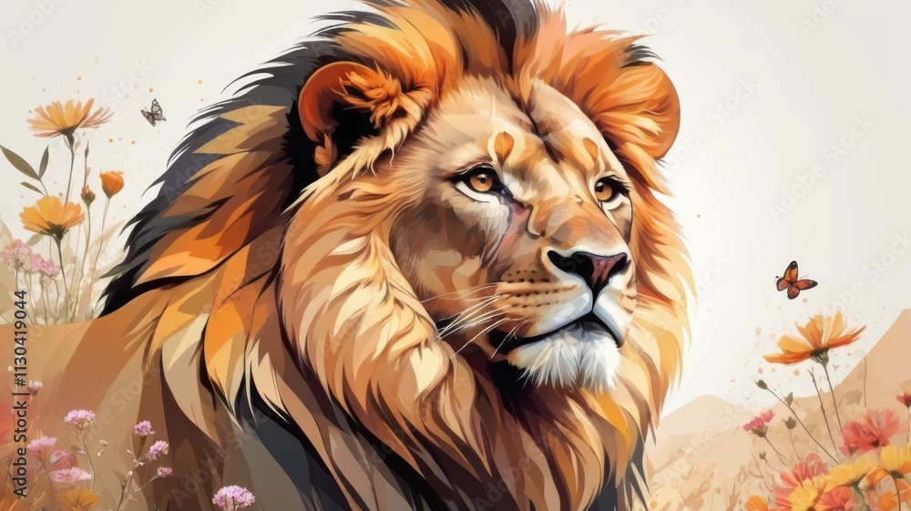 Fototapeta premium A lion in the wild surrounded by a vibrant flower field .