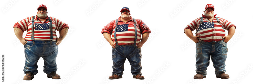 Fototapeta premium Set of A jolly, heavyset American man wearing a patriotic-themed T-shirt, holding a burger and smiling isolated on transparent background