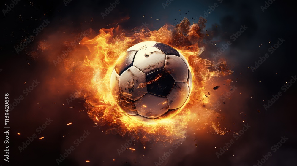 Naklejka premium Flying football or soccer ball on fire. Isolated on black background