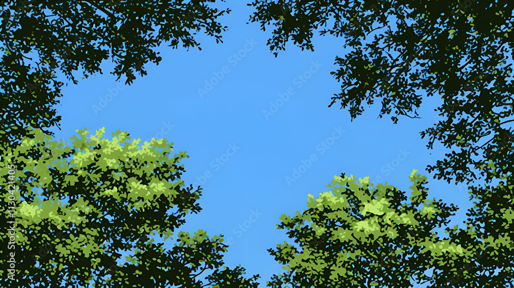 Fototapeta premium Vivid Green Leaves Frame Bright Blue Sky