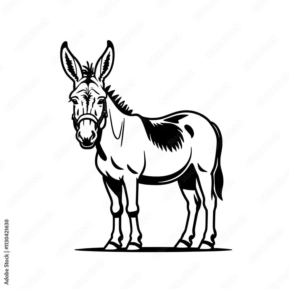 Fototapeta premium Black and White Donkey Illustration: A simple yet striking illustration of a donkey, standing on a white background, with a harness around its head.