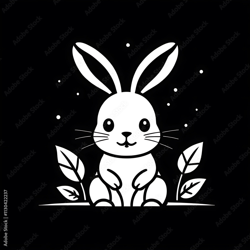 Obraz premium Cute Bunny in a Black and White World: A charming and simple black and white illustration of a cute bunny sitting in a field of leaves, evokes a sense of innocence and serenity. 