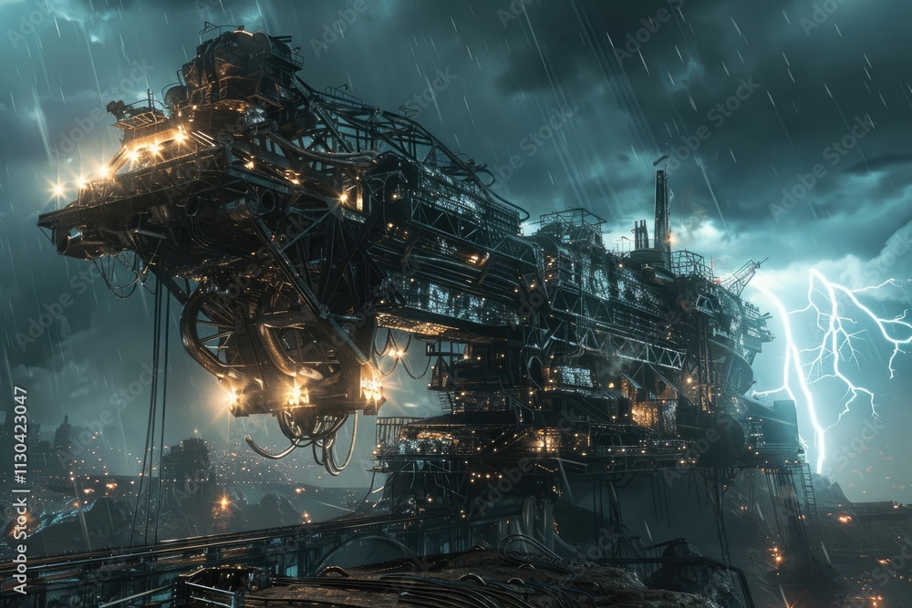 Fototapeta premium Futuristic Steampunk Vessel During A Stormy Night