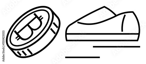 Bitcoin coin accompanied by a moving shoe icon indicating swift transactions. Ideal for cryptocurrency, finance, e-commerce, digital wallets, online payment, fast service, fintech themes. Line