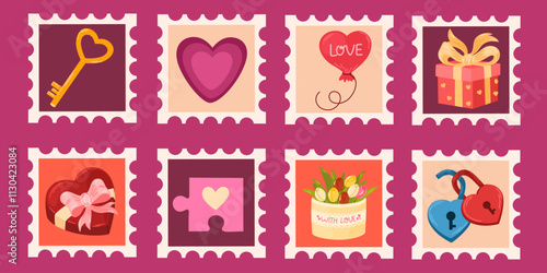 Postage stamps of Valentines Day and Love. Romantic elements with hearts, lock and key, sweets, flowers, gift box for journal stickers, scrapbooking, and greeting cards. Vector illustration isolated 