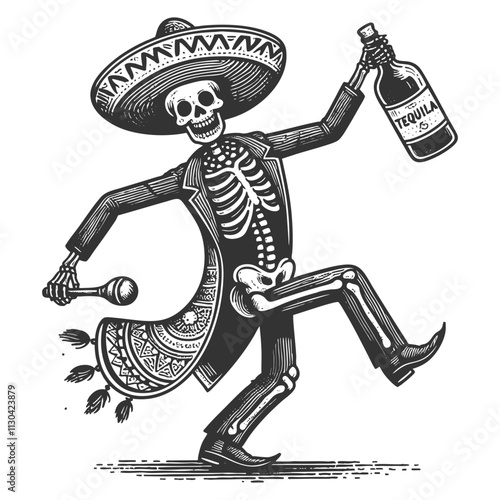 Playful dancing skeleton in sombrero, with bottle of tequila and a rose, celebrating in a festive, Day of the Dead style sketch engraving generative ai vector illustration. Black and white image.