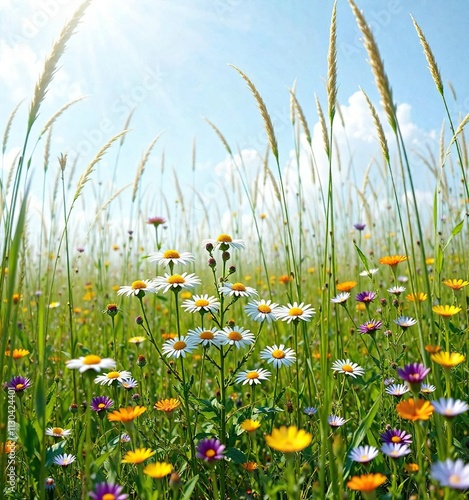 Wild chamomile grows in a sunny meadow with tall grasses and colorful wildflowers, botanical flowers, wild chamomile, wildflowers in meadow