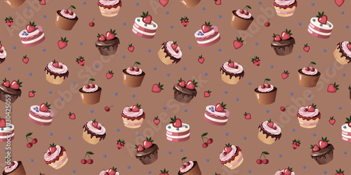 Seamless Mocha Mousse Pattern of Desserts with Strawberries and Cherries. Color of the year 2025