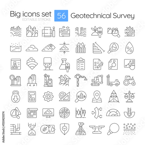 Geotechnical survey RGB color icons set. Exploring grounds for construction industry. Geodetic investigation. Customizable thin line symbols. Isolated vector outline illustrations. Editable stroke