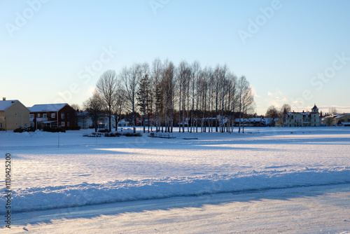 Winter landscape in Mora, Dalarna with snow-covered fields and trees