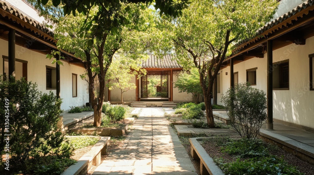 Fototapeta premium A tranquil courtyard garden with lush trees, symmetrical plant beds, a central pathway leading to a pavilion, and surrounding white traditional architecture.