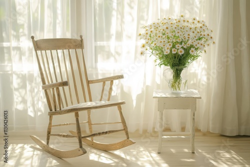 Serene Morning in a Sunny Room: Wooden Rocking Chair and Daisies
