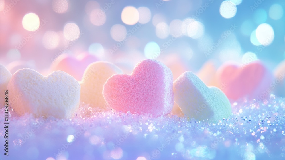 Fototapeta premium Colorful Heart-Shaped Candies on Sparkling Surface with Bokeh Lights
