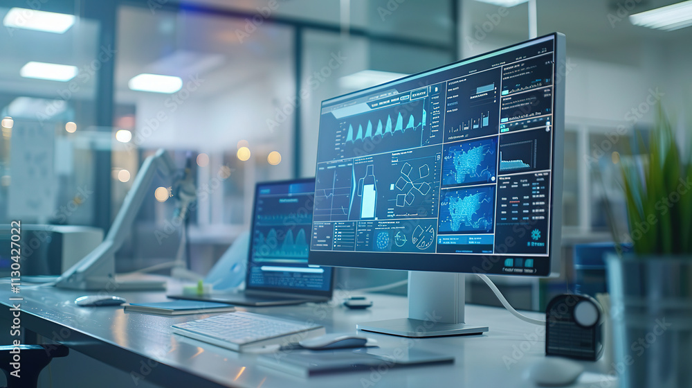 Fototapeta premium Modern cyber security data center with blue glowing screens and futuristic interface for technology and networks