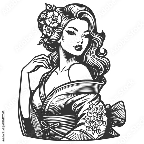 Japanese geisha in a floral kimono, gracefully looking over her shoulder with a serene expression sketch engraving generative ai vector illustration. Scratch board imitation. Black and white image.