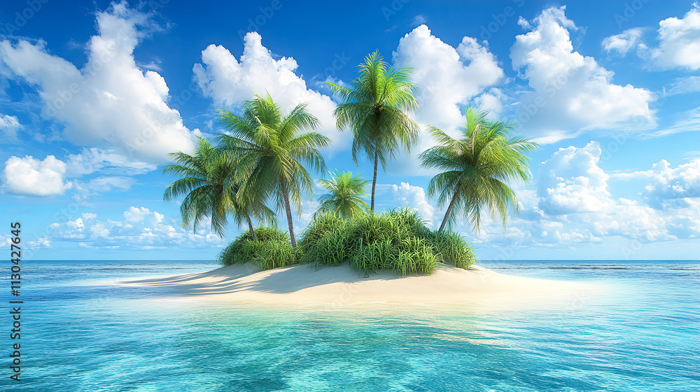 Fototapeta premium Tropical island surrounded by clear blue water and vibrant palm trees under a bright sky. Generative AI