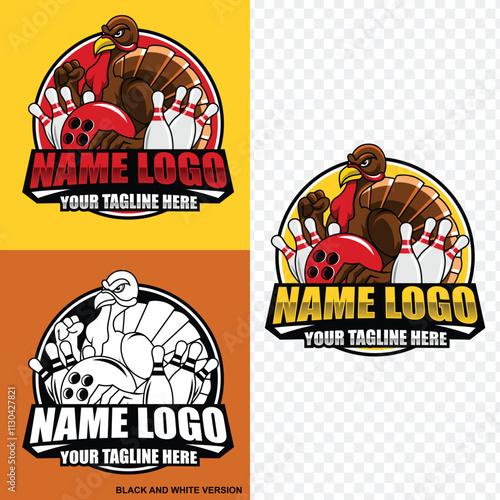 Turkey mascot and sport object logo. Illustration of Turkey playing bowling mascot logo. Professional bowling tournament badge logo design
