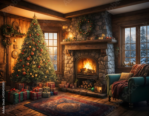 Christmas living room interior with decorated fireplace, magic Christmas tree and a pile of presents. Christmas greeting card. Amazing digital illustration. CG Artwork Background