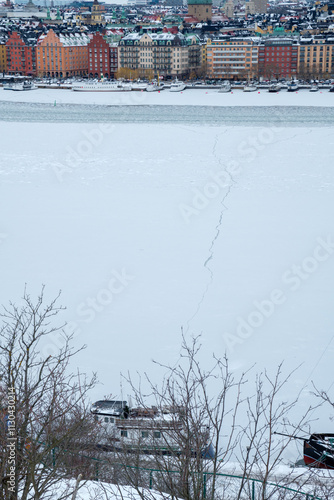 Winter landscape in Stockholm features a frozen river and colorful buildings across the water
