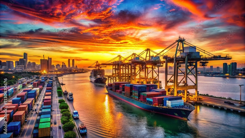 Fototapeta premium Sunset Over a Bustling Cargo Port with Cranes and Containers, Capturing the Vibrancy of Maritime Trade and Industrial Activity at Dusk