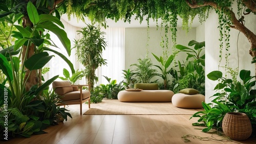 Fototapeta Naklejka Na Ścianę i Meble -  Serene environment depicting green living semi outdoor room with various kind of plants and minimalist furniture