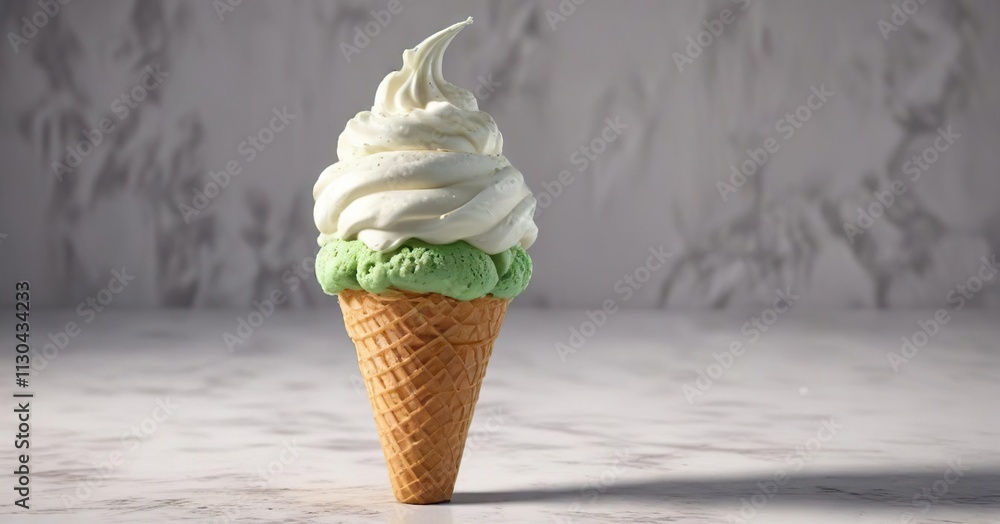 Green ice cream cone with a dollop of whipped cream on top, frosty treats, fluffy topping Green ice cream cone with a dollop of whipped cream on top, frosty treats, fluffy topping