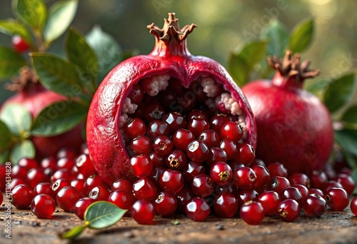 Ripe pomegranate arils overflowing from the center , seasonal, vibrant, overflowing seeds photo