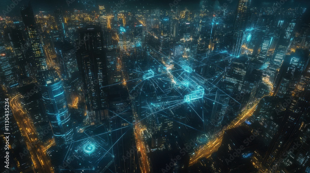 Obraz premium Futuristic Cityscape at Night with Digital Network Connections