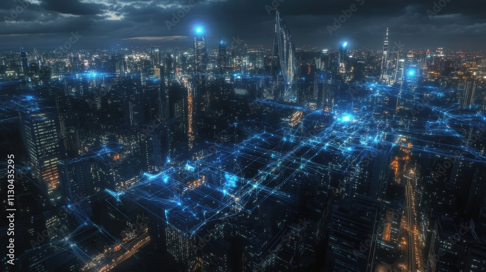 Fototapeta premium Futuristic Cityscape with Digital Connections and Blue Lights