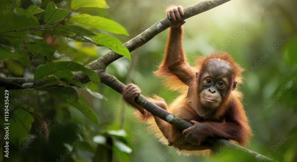 Fototapeta premium Young orangutan swinging through lush jungle canopy in natural habitat conservation scene
