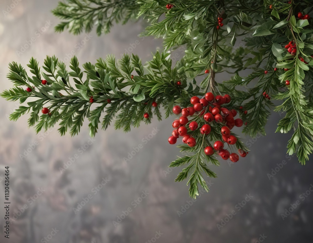 Obraz premium Fir Christmas tree branches with mistletoe and holly berries , branch, holiday, mistletoe