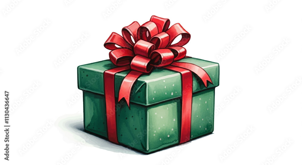 Obraz premium A holiday-themed green gift box wrapped with a red ribbon and bow, radiating the joy of the Christmas season