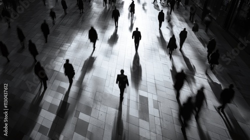 Artistic black and white photo of a group of people walking in fog