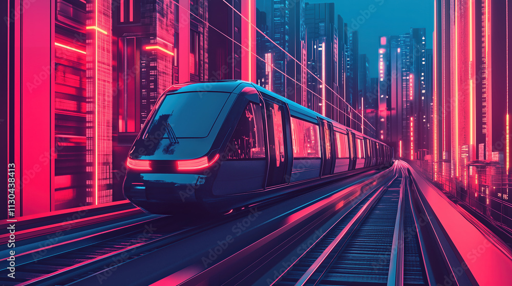 Fototapeta premium A cyberpunk monorail traveling through a neon-lit cityscape with sharp, clean structures, minimal graphic design