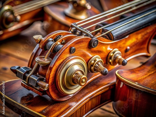 The Intricate Craftsmanship of Pegbox, Scroll, and Tuning Keys on a Contrabass: A Close-Up Exploration of String Instrument Details photo