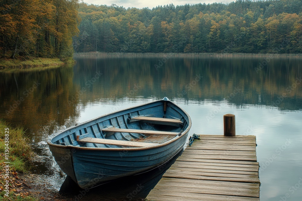 Obraz premium Calm Lake with a Tied Boat and Serene Reflections