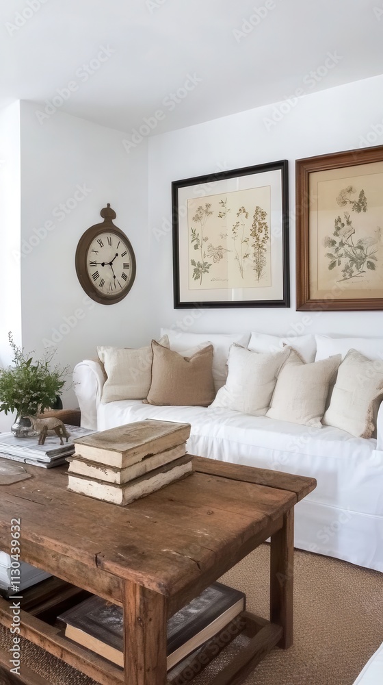 Fototapeta premium Rustic Living Room Interior Design with White Sofa, Wooden Coffee Table, and Vintage Wall Art