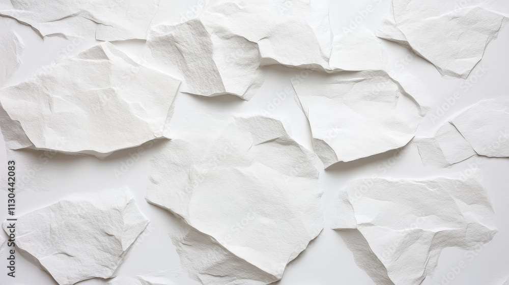 Fototapeta premium White torn paper pieces scattered on textured surface, creating minimalist and abstract background