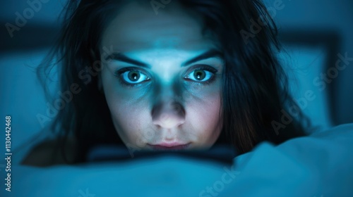 A close-up of a woman’s face illuminated by her phone screen in a dark room, eyes wide with focus and intensity. photo