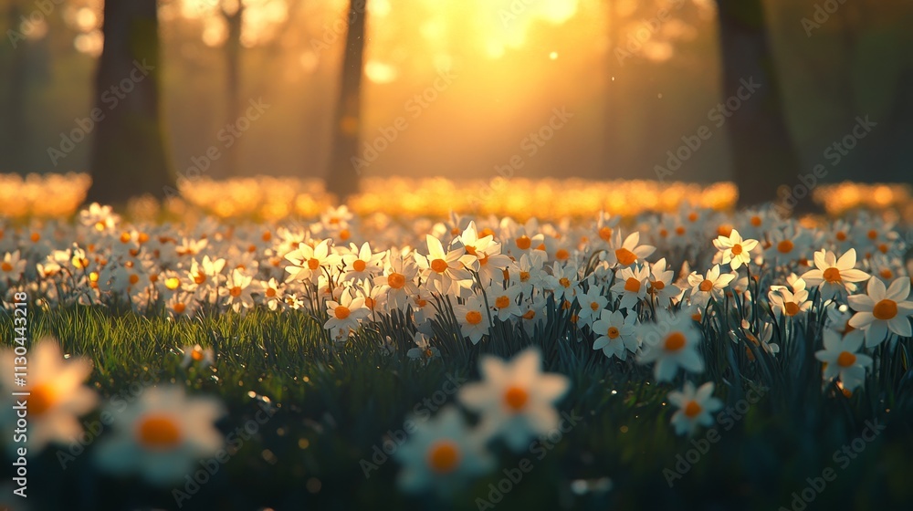 Fototapeta premium Sun-Kissed Daffodil Meadow Spring Flowers Bathed in Golden Sunlight, Serene Nature Background