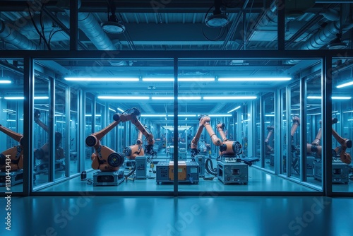 A High-Tech Laboratory Featuring Robotic Arms in an Enclosed Environment with Reflections and Futuristic Lighting, Showcasing Advanced Automation Technologies in Action