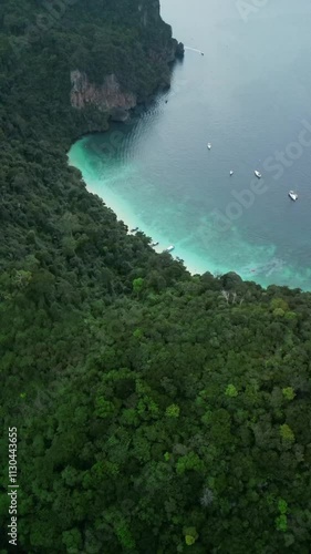 Beautiful drone video of Monkey Beach in Koh Phi Phi Don in Thailand.